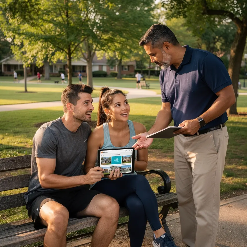 Pracownik biura pokazujący dostępne opcje mieszkań na tablecie