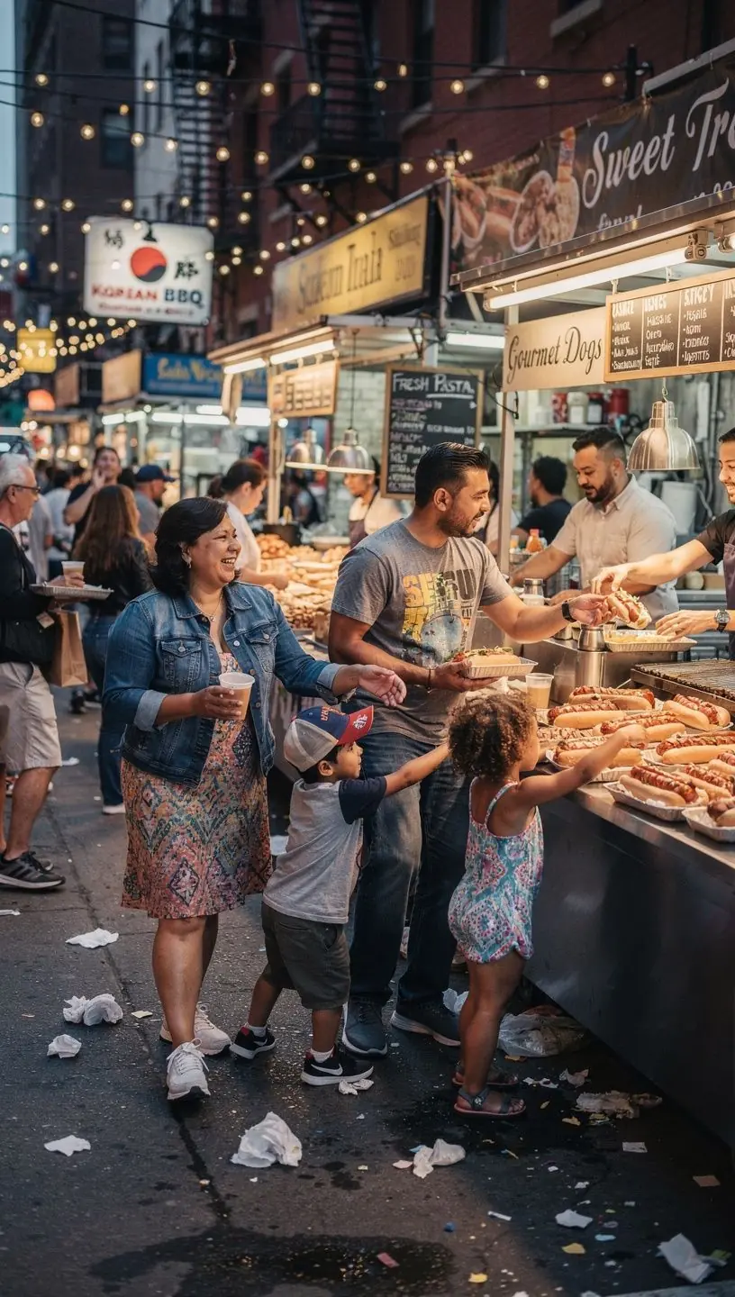 Dorośli i dzieci w restauracji, czekający na posiłek w przyjaznej atmosferze.