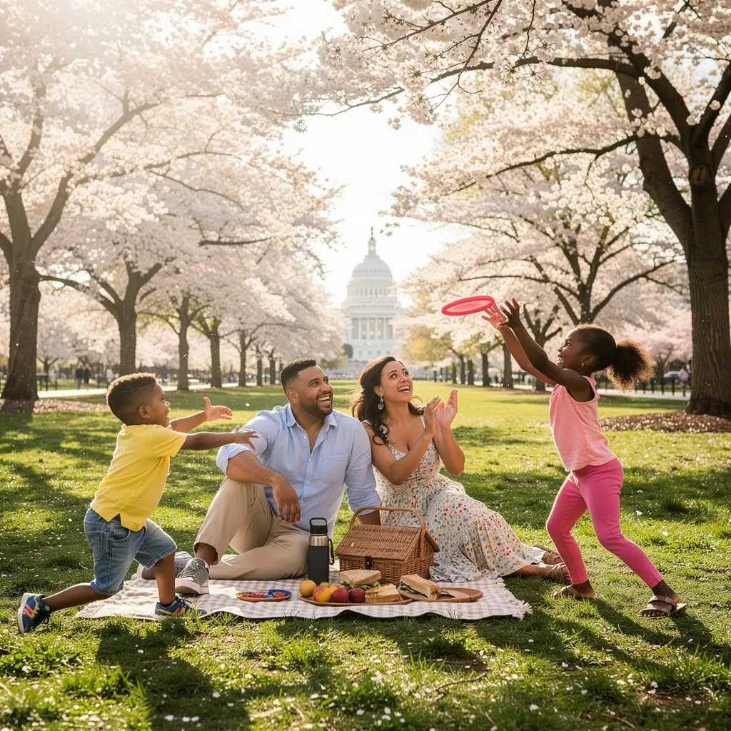 Rodzinne zdjęcie z wakacji, wszyscy uśmiechnięci przed znanym pomnikiem.