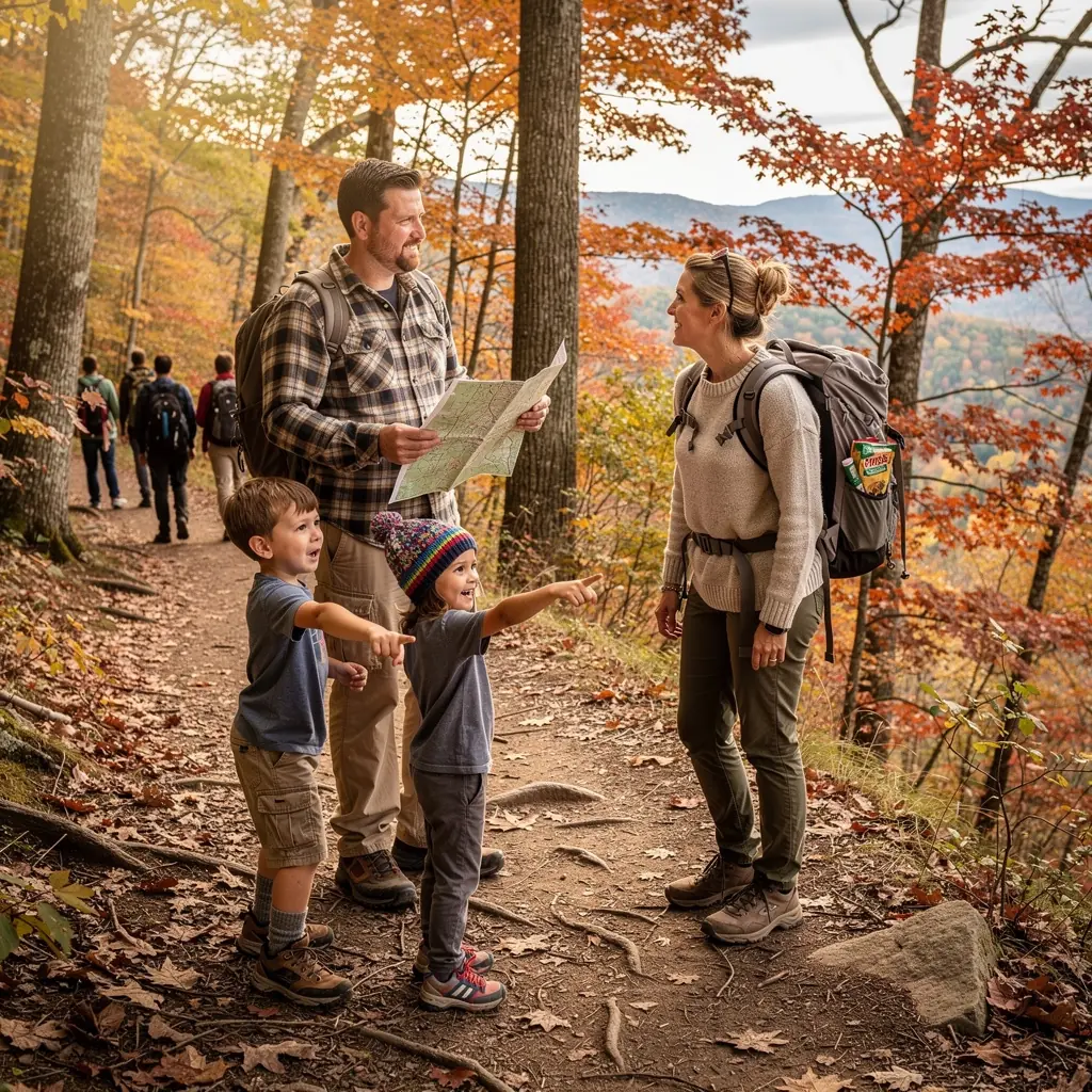 Rodzina planująca podróż, przeglądająca przewodniki i mapy w domu.