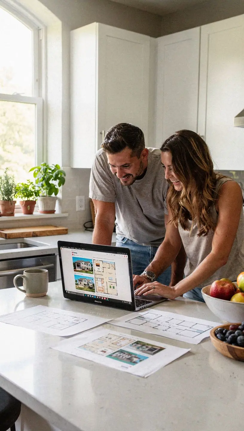 Osoba zwiedzająca mieszkanie z agentem nieruchomości, z notatnikiem w ręku.