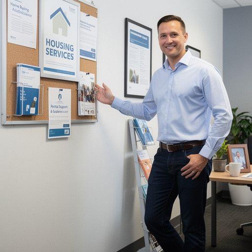 Zdjęcie biura doradztwa z plakatami ofert mieszkań